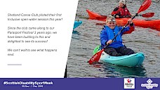 A picture of a person in a kayak on the sea smiling with information about the club