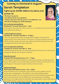 Sarah Templeton, ADHD Author and Counsellor: Fighting for ADHD Children and Adults, upcoming visit to Shetland in August 2025.